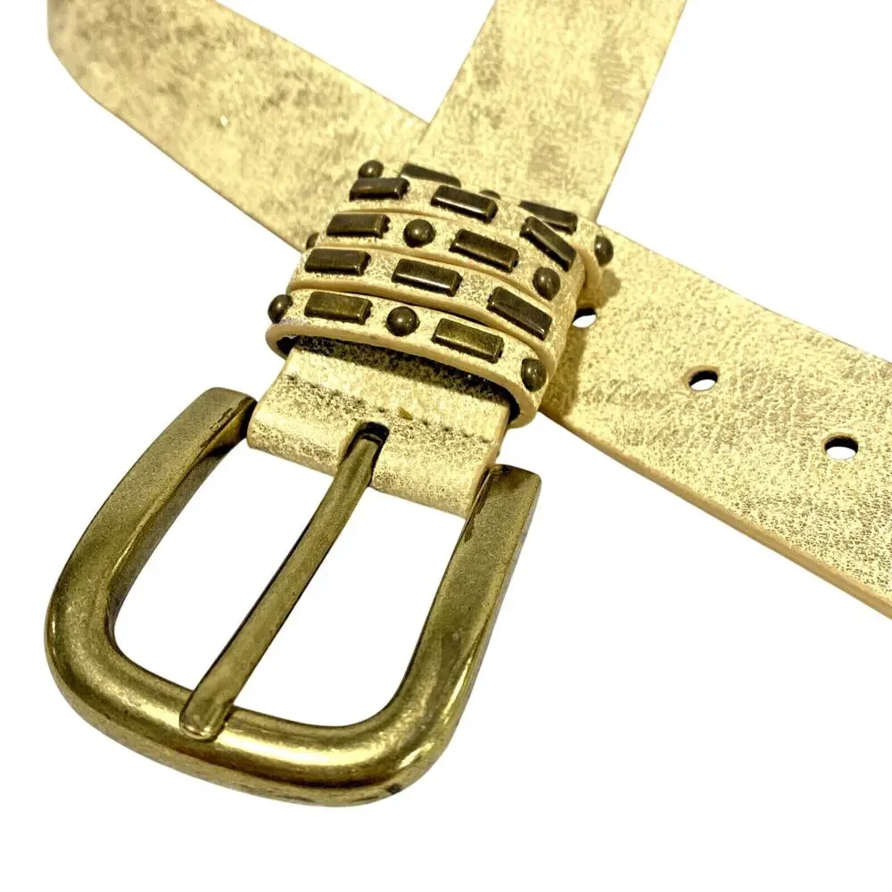 Calvin Klein Jeans Belt Size S Cream Leather Burnished Gold Metallic Buckle 90s